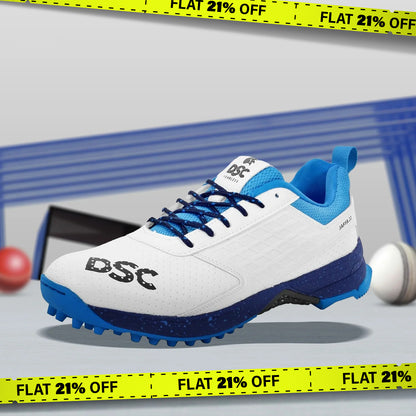 DSC Jaffa 22 Cricket Spike Shoes (White / Blue) - DOD - InstaSport