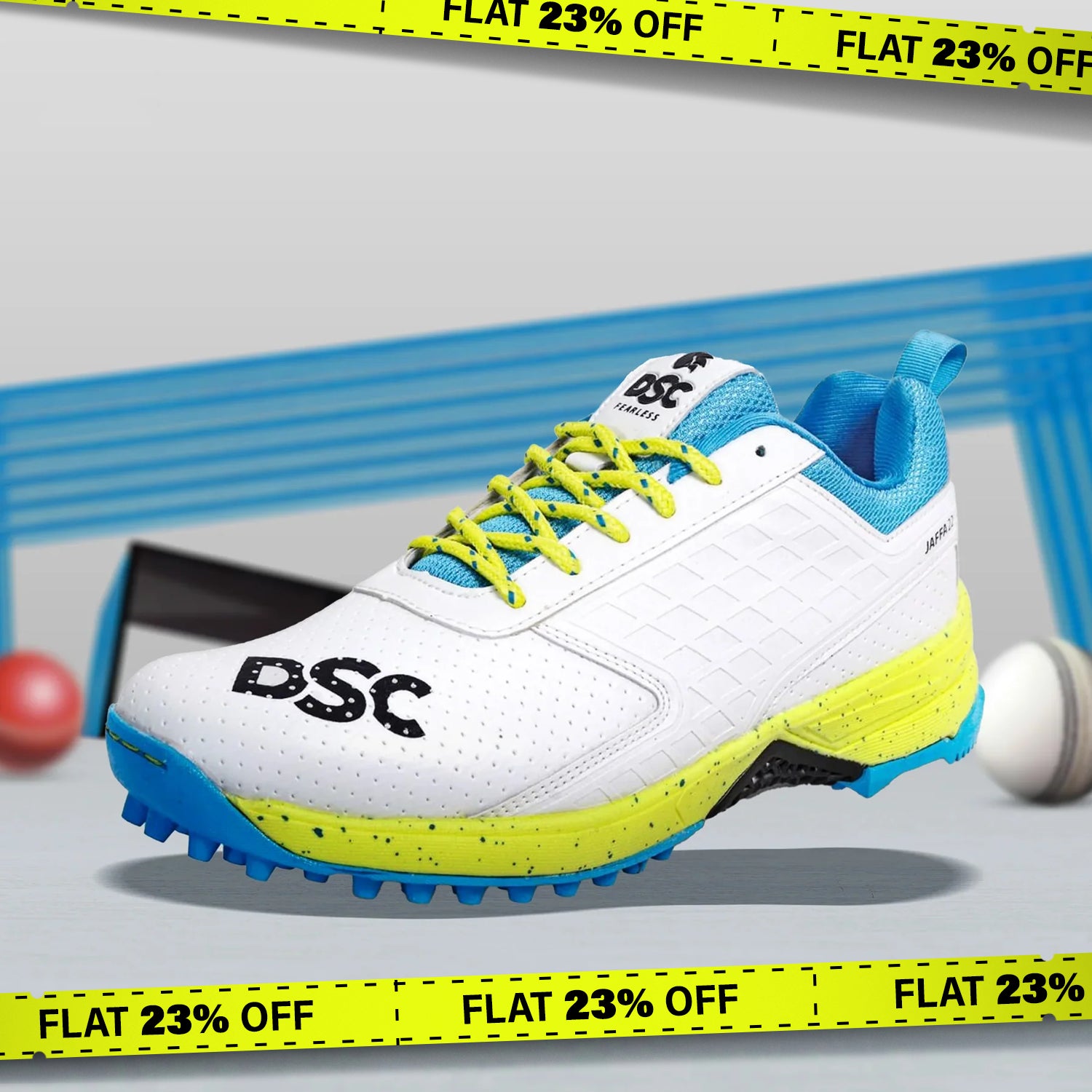 DSC Jaffa 22 Cricket Spike Shoes (White / Lemon Yellow) - DOD - InstaSport