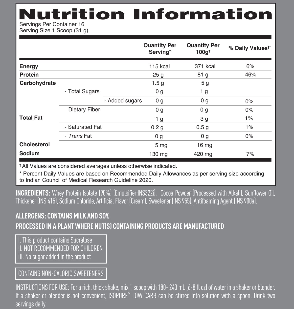 Isopure Low Carb 100% Whey Protein Isolate Powder - 500 gm - Dutch Chocolate - InstaSport