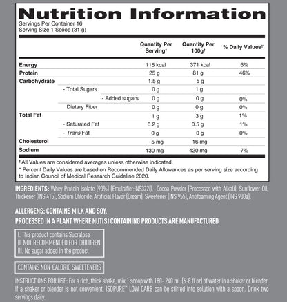 Isopure Low Carb 100% Whey Protein Isolate Powder - 500 gm - Dutch Chocolate - InstaSport