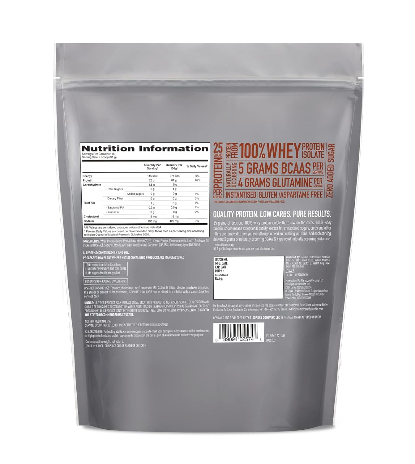 Isopure Low Carb 100% Whey Protein Isolate Powder - 500 gm - Dutch Chocolate - InstaSport