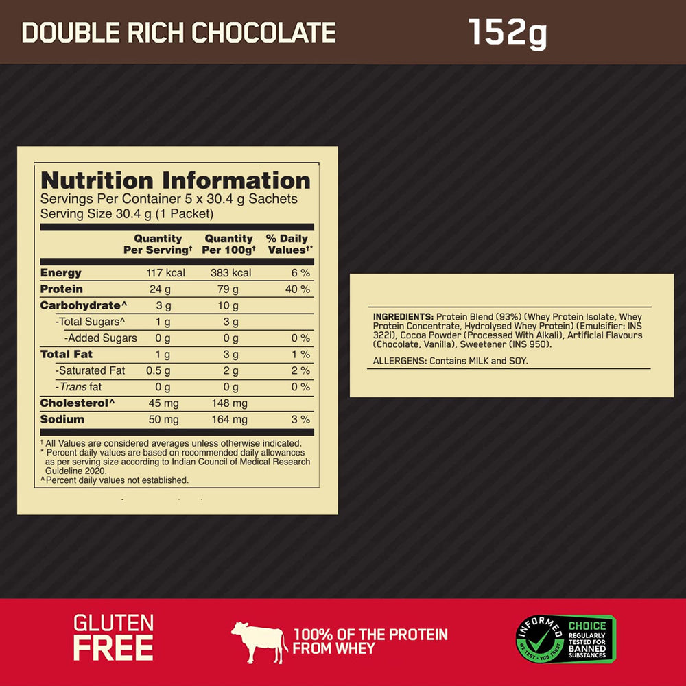 Optimum Nutrition Gold Standard 100% Whey Protein Powder 5 Sachet- (Double Rich Chocolate) - InstaSport