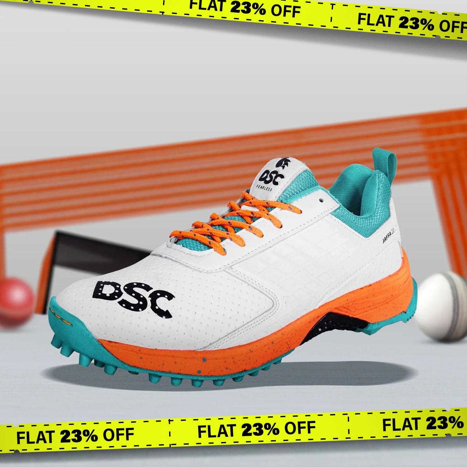 DSC Jaffa 22 Cricket Spike Shoes (White / Orange) - DOD - InstaSport