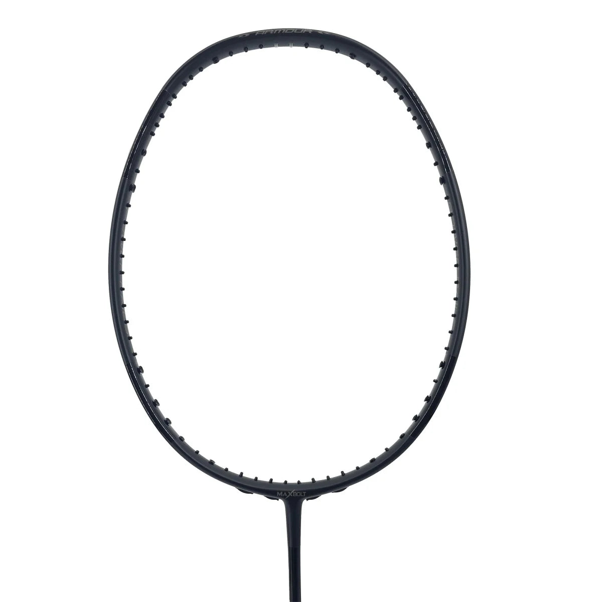 A black badminton racket with a solid pattern and no visible brand marking.