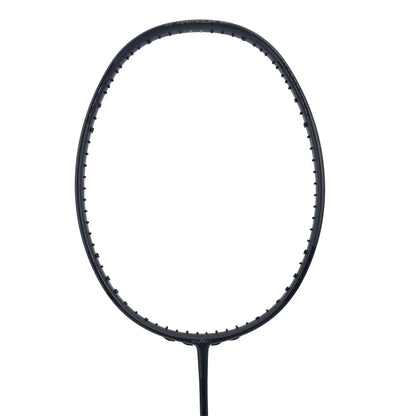 A black badminton racket with a solid pattern and no visible brand marking.