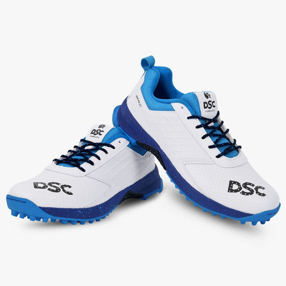 DSC Jaffa 22 Cricket Spike Shoes (White / Blue) - InstaSport