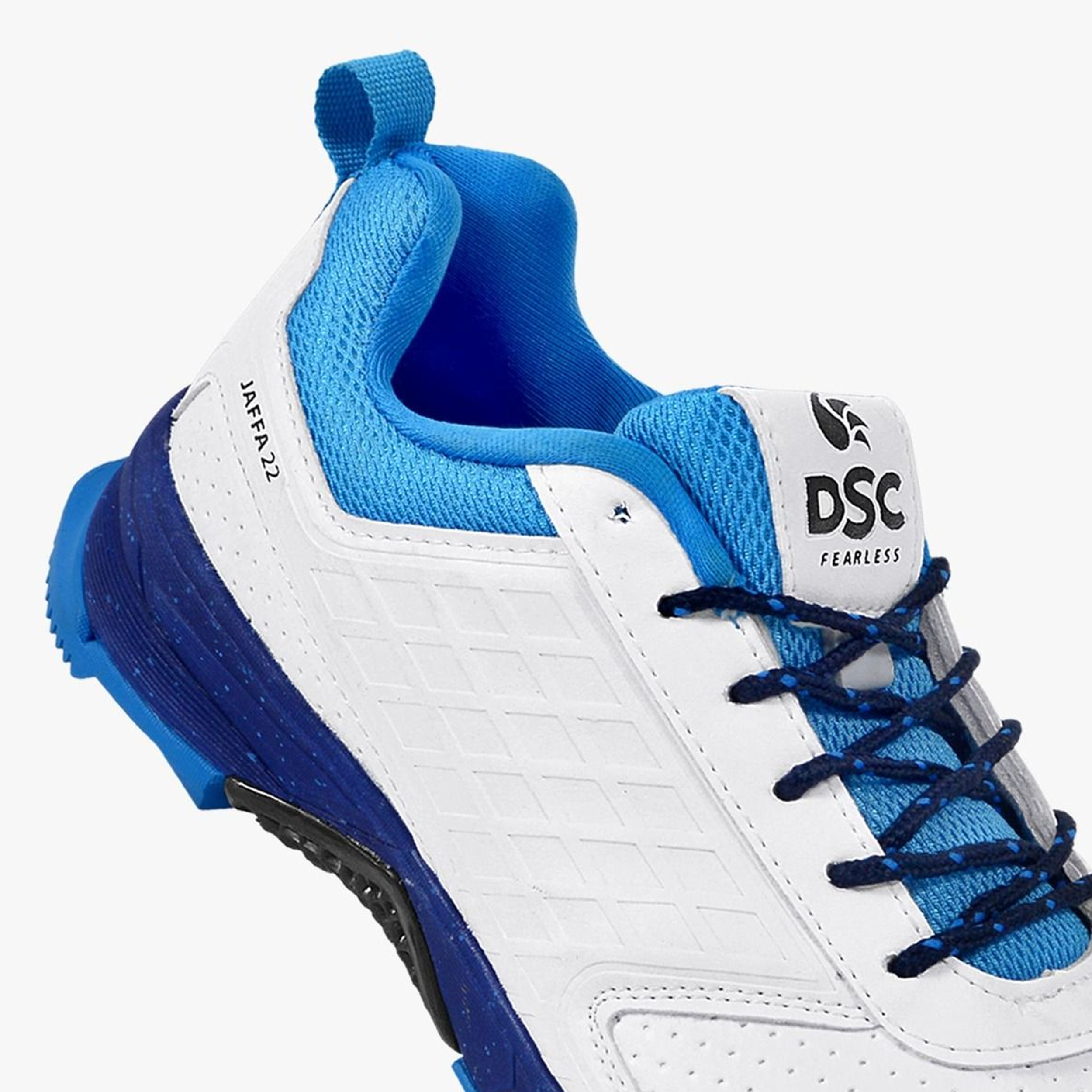 DSC Jaffa 22 Cricket Spike Shoes (White / Blue) - InstaSport