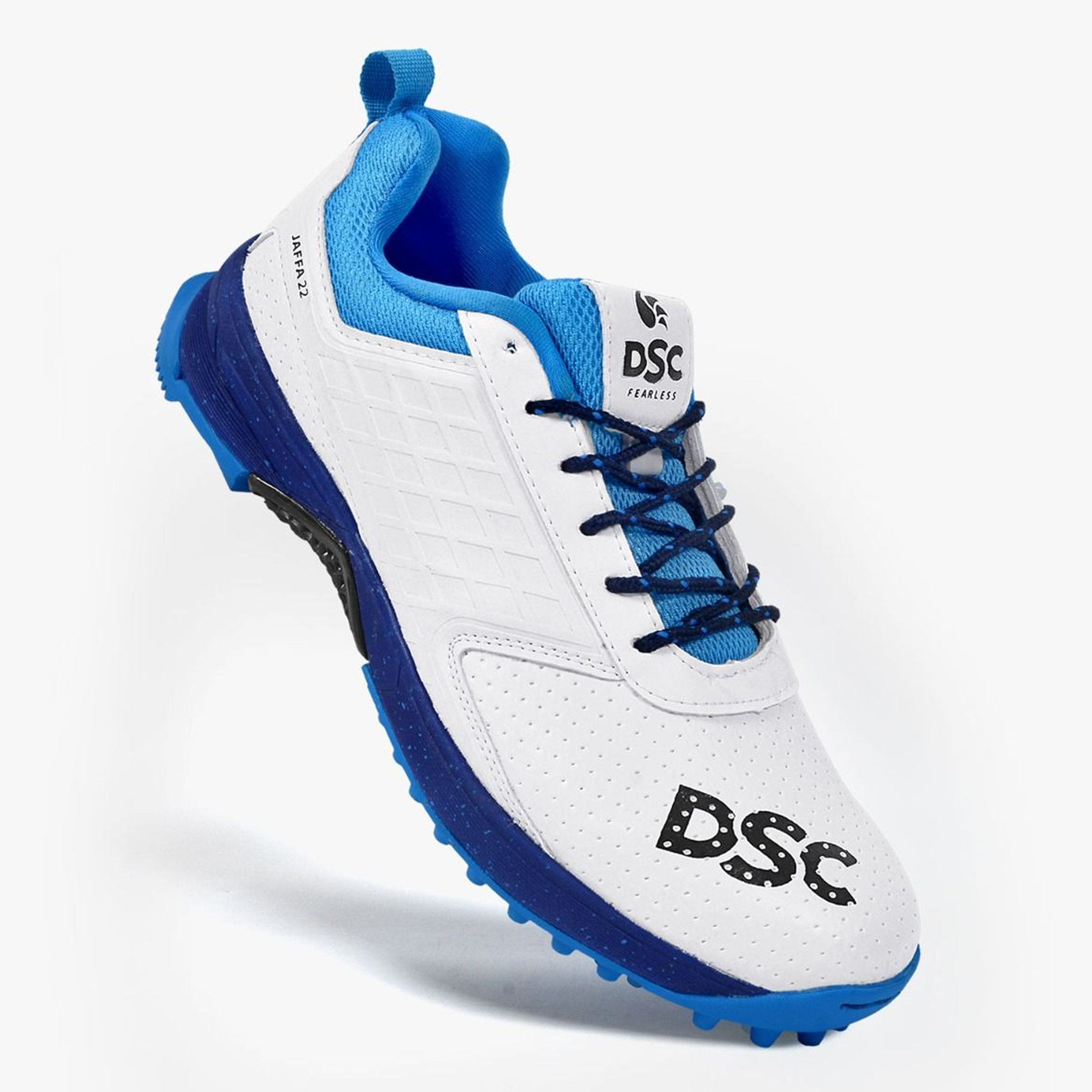 DSC Jaffa 22 Cricket Spike Shoes (White / Blue) - InstaSport