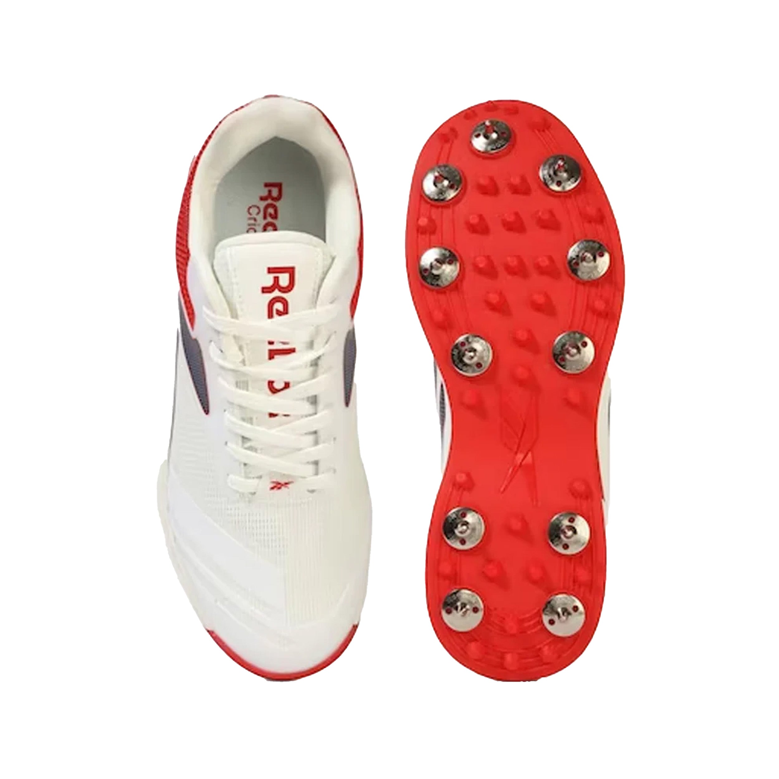 Reebok All Round Kaiser Cricket Spike Shoes (White/Victor Red/Victor Blue) - InstaSport