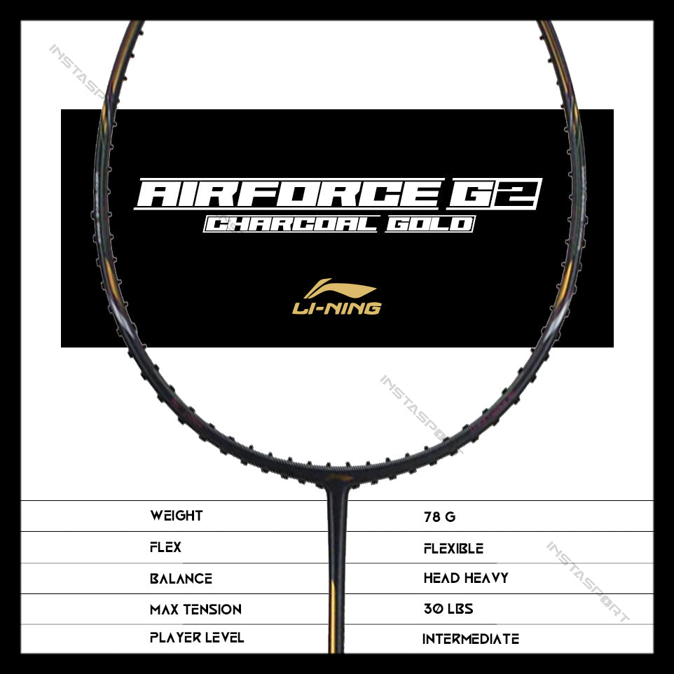 Li-Ning Air-Force G2 Badminton Racket (78 grams) (Charcoal/ Gold) - InstaSport