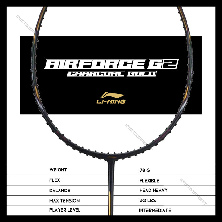 Li-Ning Air-Force G2 Badminton Racket (78 grams) (Charcoal/ Gold) - InstaSport