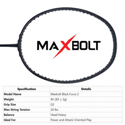 Badminton racket with Maxbolt branding and specifications listed below.