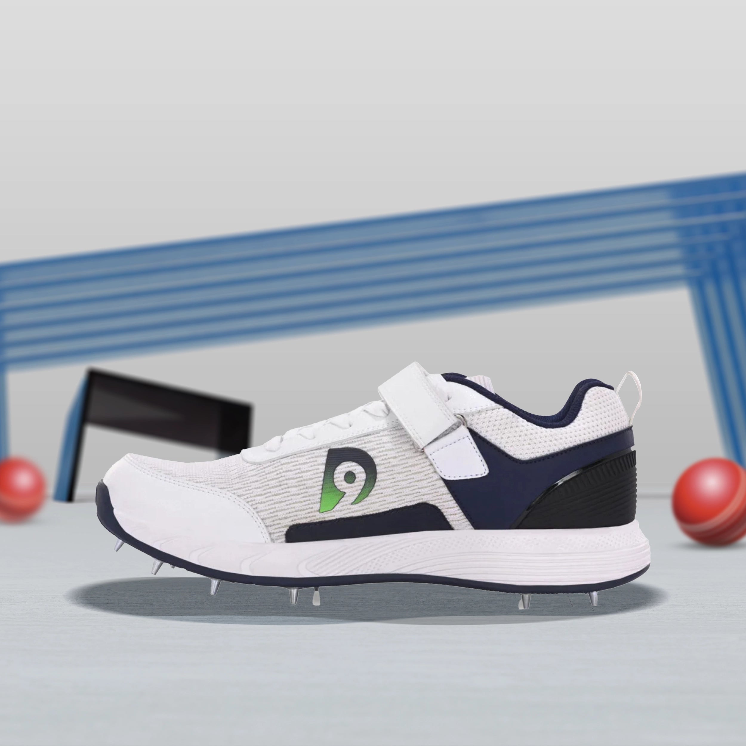 D9 Warrior-2 Cricket Spikes - White/Navy Blue
