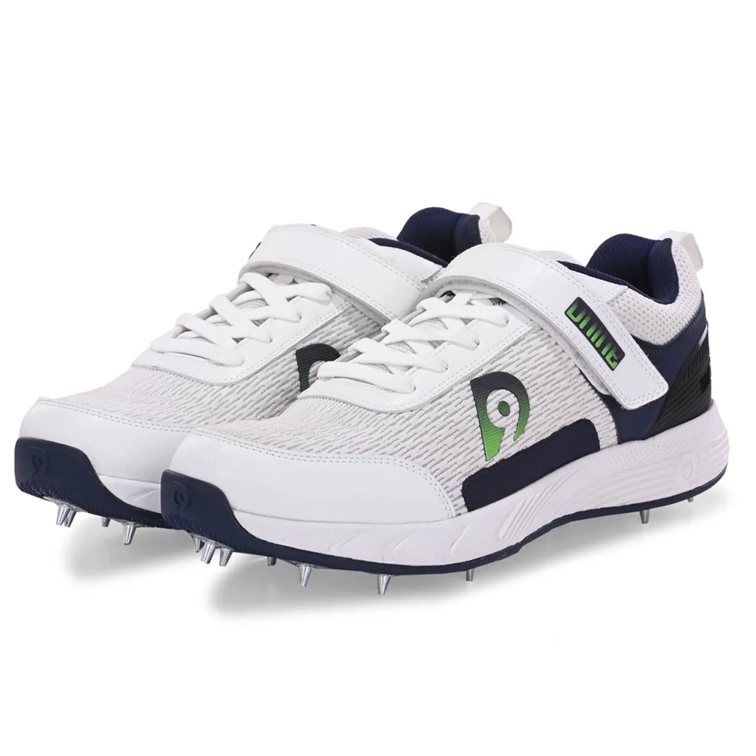 D9 Warrior-2 Cricket Spikes - White/Navy Blue