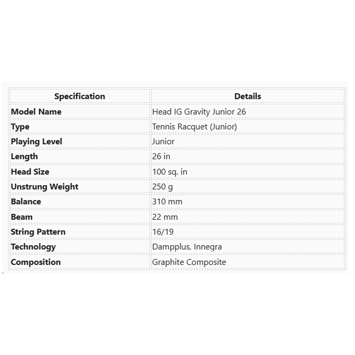 Head_IG_Gravity_Junior_26_Tennis_Racquet_Specifications_InstaSport