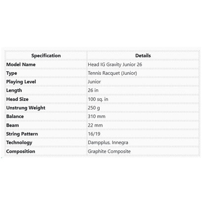 Head_IG_Gravity_Junior_26_Tennis_Racquet_Specifications_InstaSport