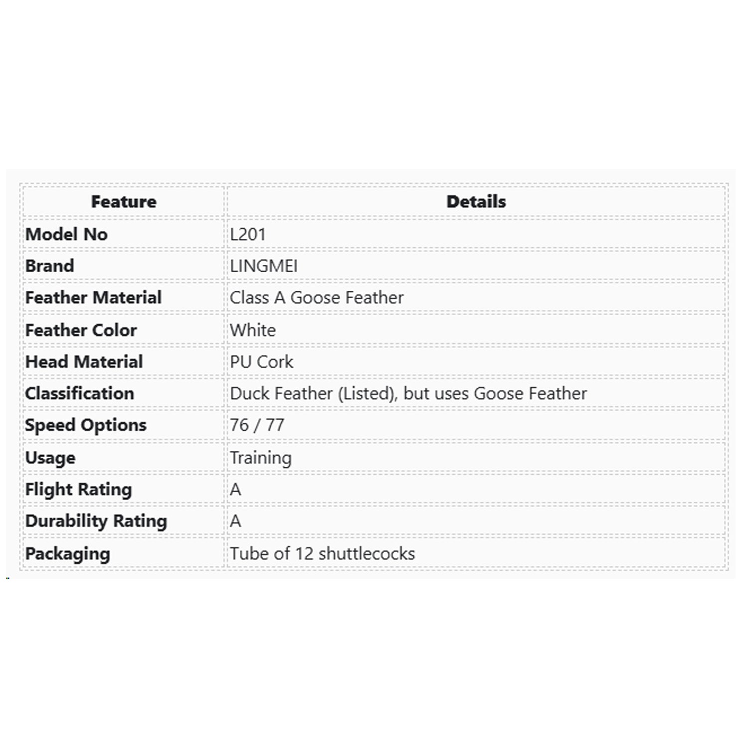 LingMei_L201_Goose_Feather_Shuttlecock_Pack_of_3_Specifications_InstaSport