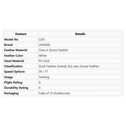 LingMei_L201_Goose_Feather_Shuttlecock_Pack_of_3_Specifications_InstaSport
