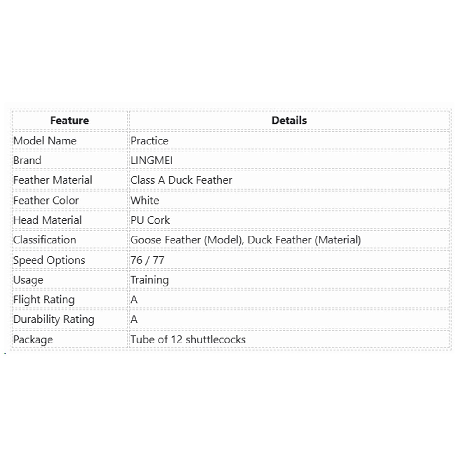 LingMei_Practice_Goose_Feather_Shuttlecock_Specifications_InstaSport