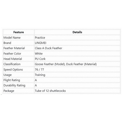 LingMei_Practice_Goose_Feather_Shuttlecock_Specifications_InstaSport