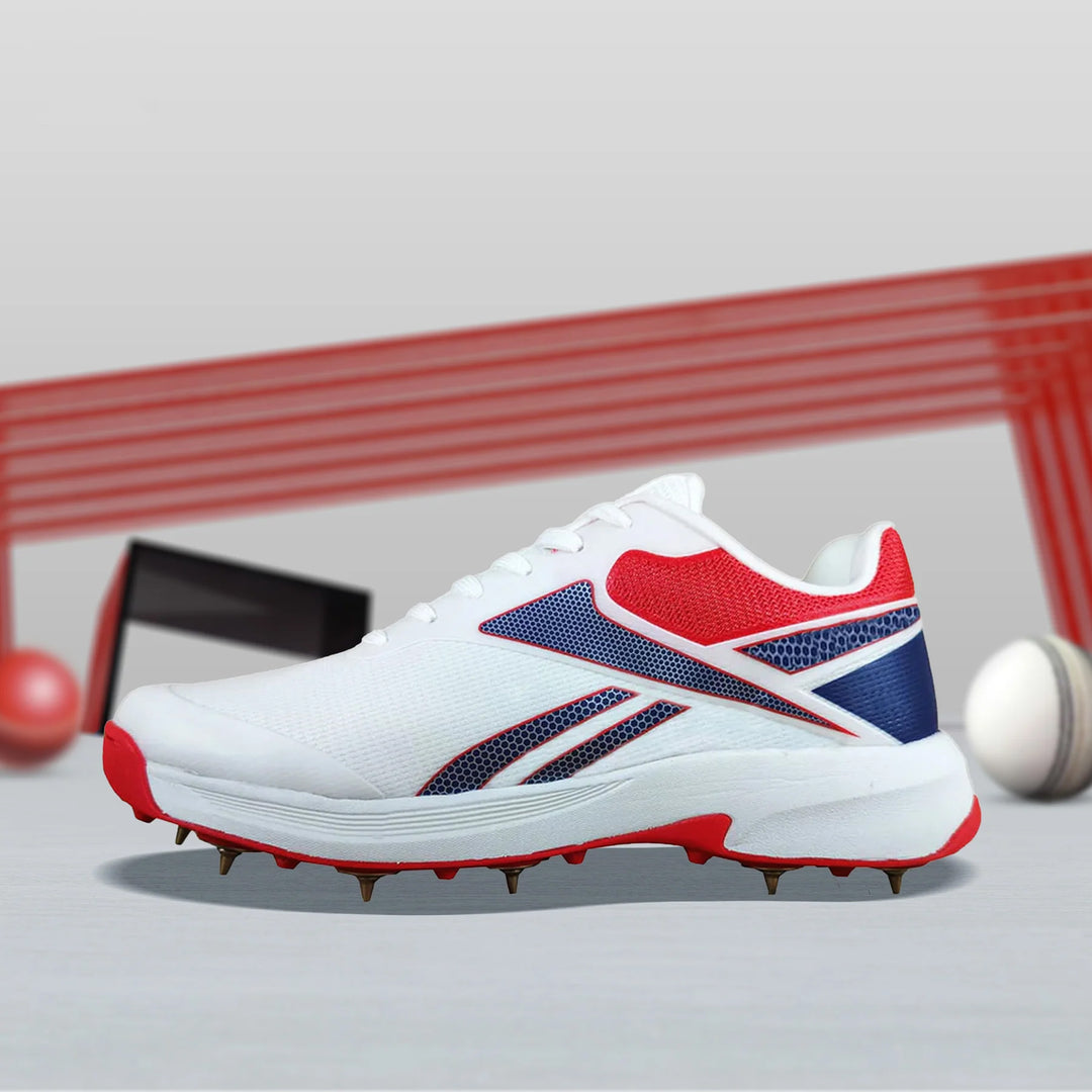 Reebok All Round Kaiser Cricket Spike Shoes (White/Victor Red/Victor Blue)