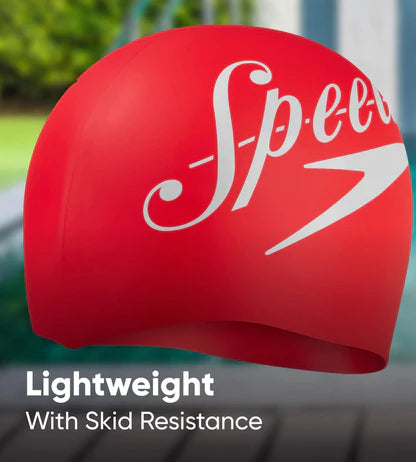 Speedo_Unisex_Logo_Printed_Silicone_Adult_Swimming_Cap_Red_White_Hair_Lightweight_InstaSport