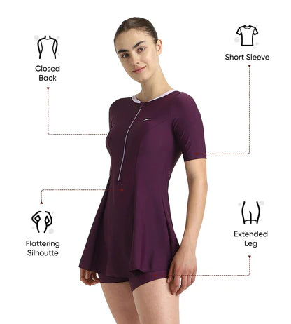 Speedo_Womens_EnduraFlex_ClosedBack_Sleeved_Swimdress_Plum_Dandy_Info_InstaSport