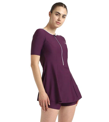 Speedo_Womens_EnduraFlex_ClosedBack_Sleeved_Swimdress_Plum_Dandy_Left_InstaSport