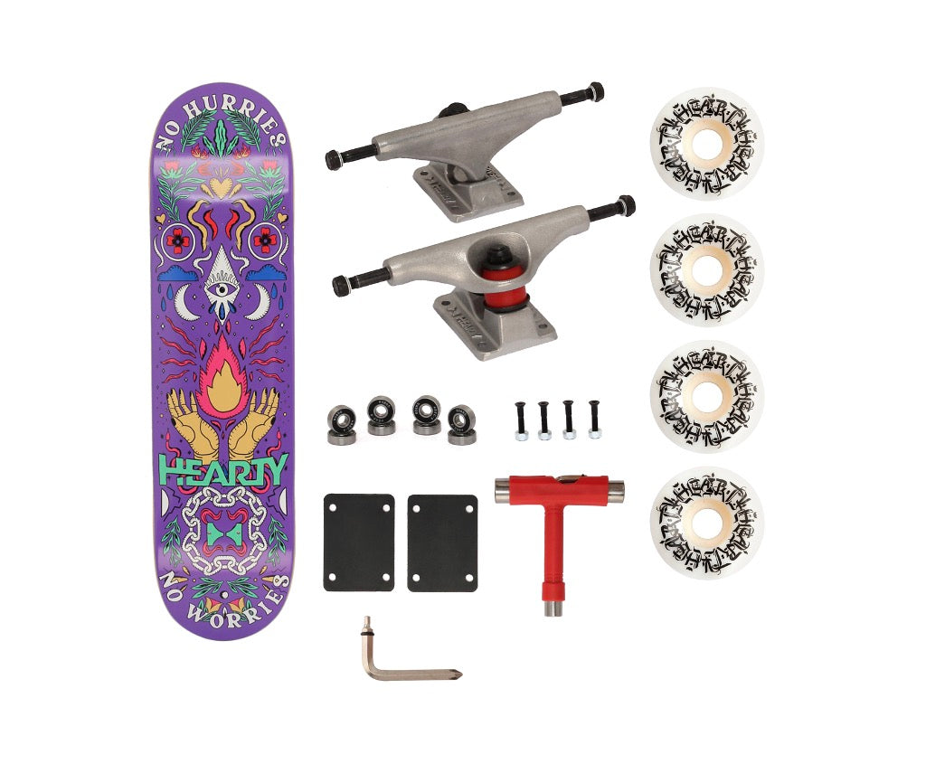 Hearty Pro-Complete Skateboard Pack- Unassembled- 8.0" & 8.25"-No Hurries No Worries/Purple