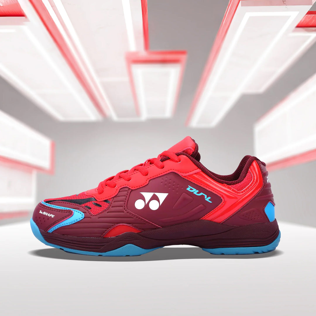 Yonex Dual Badminton Shoes for Men (Dark Wine/Red/Digital Aqua) - InstaSport