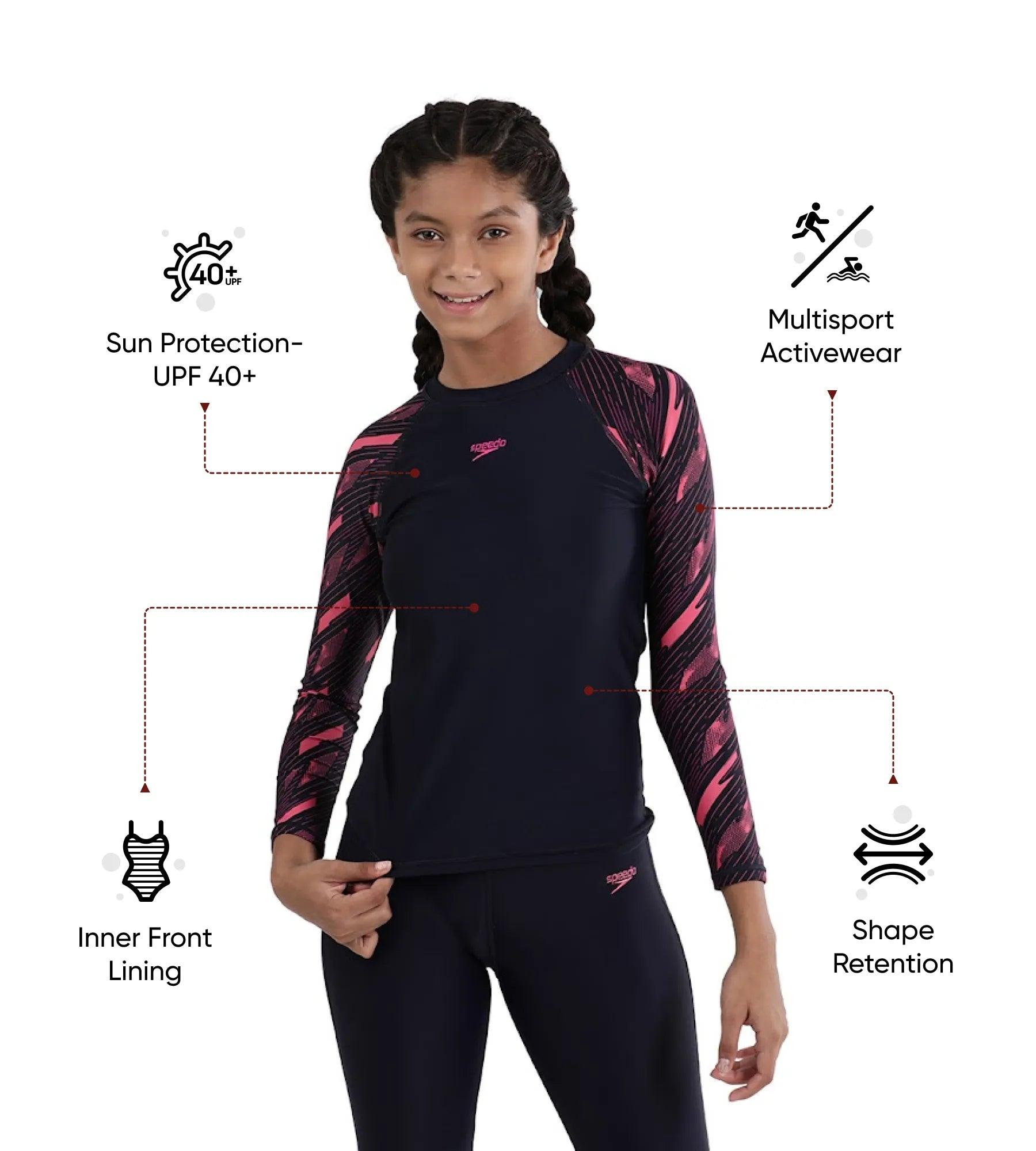Speedo Girl's Endurance 10 Hyperboom Long Sleeve Suntop - True Navy & Electric pink - Suntops | Speedo | InstaSport