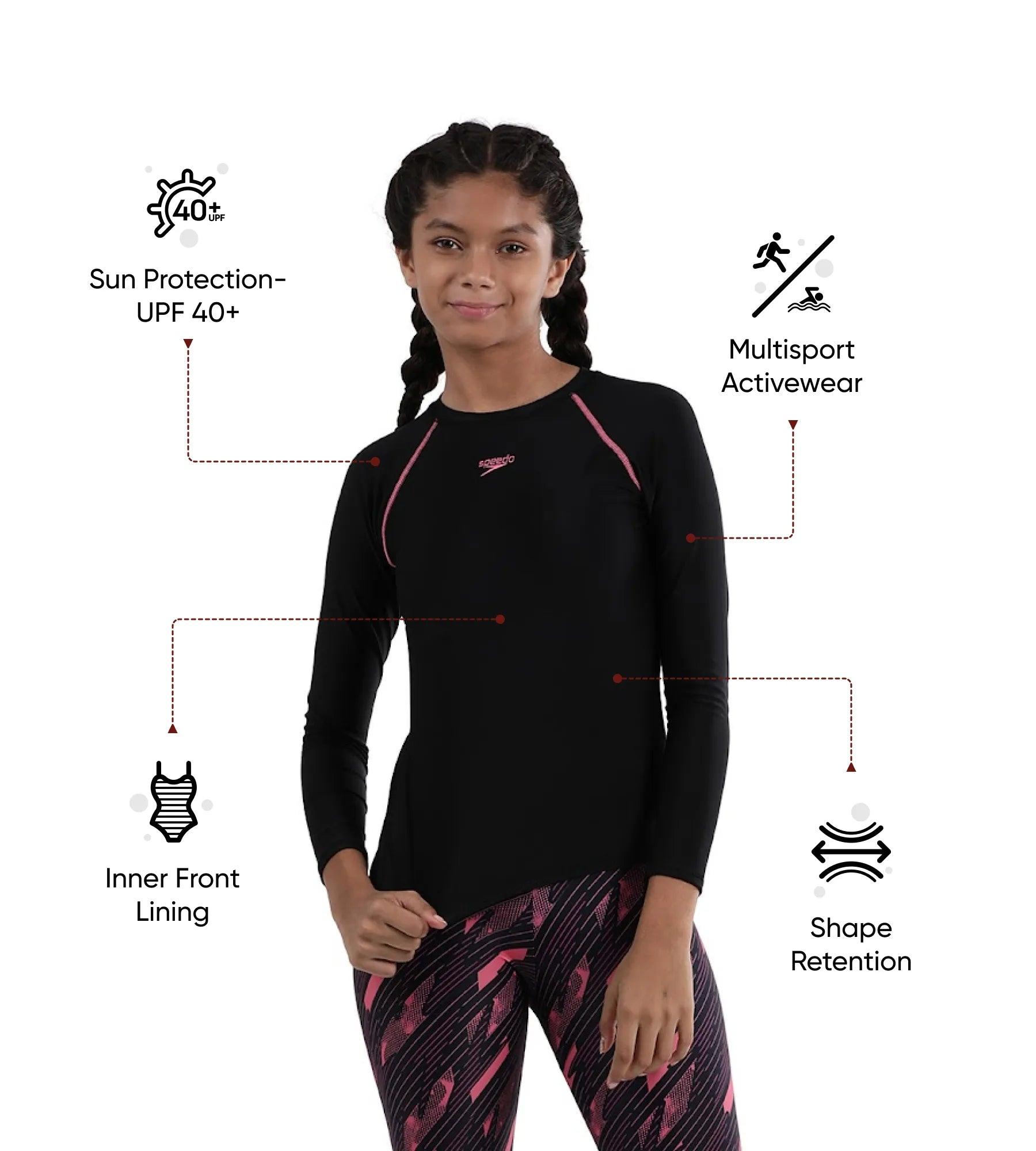 Speedo Girl's Endurance 10 Long Sleeve Suntop - Black & Fandango Pink - Suntops | Speedo | InstaSport