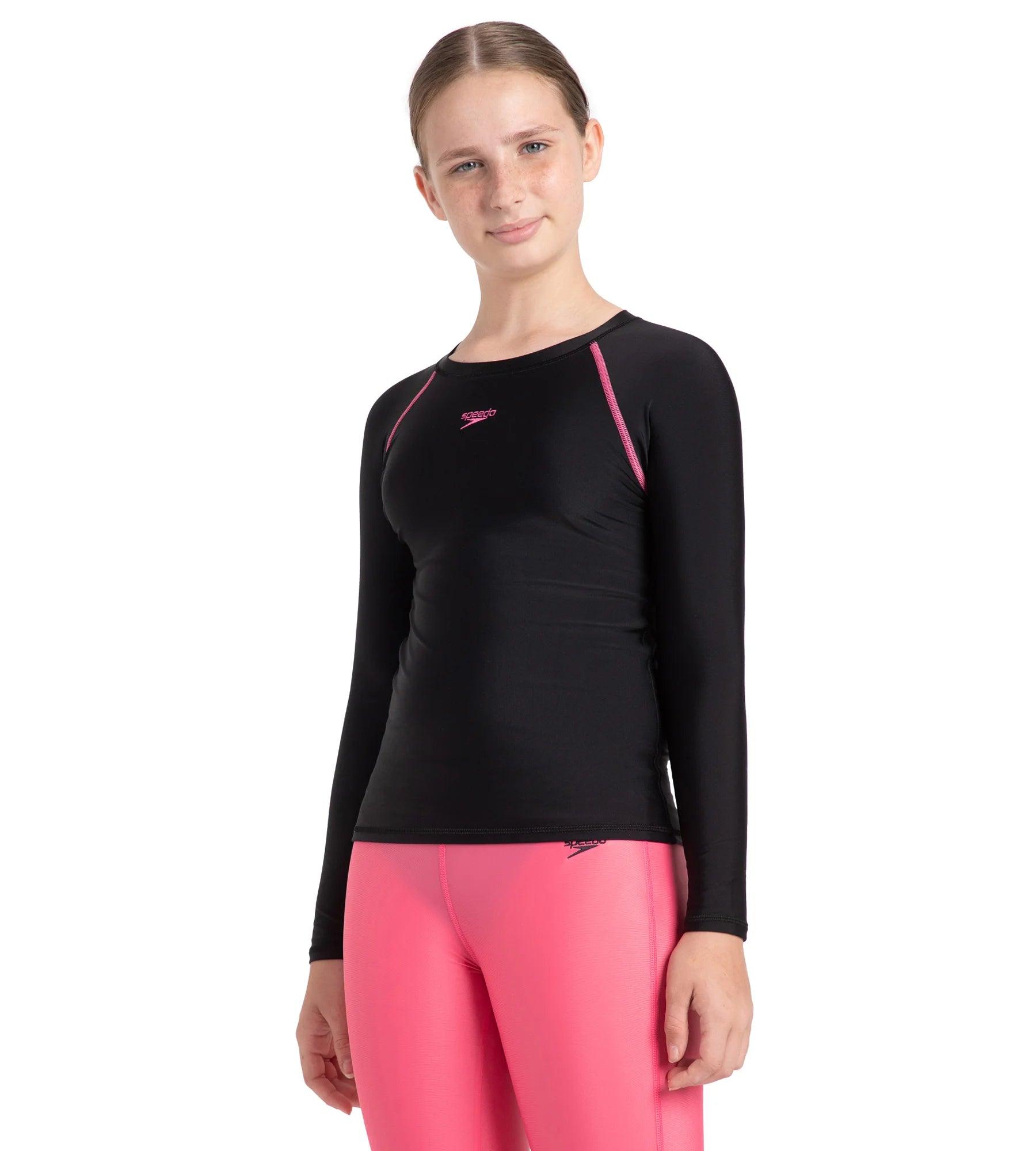 Speedo Girl's Endurance 10 Long Sleeve Suntop - Black & Fandango Pink - Suntops | Speedo | InstaSport