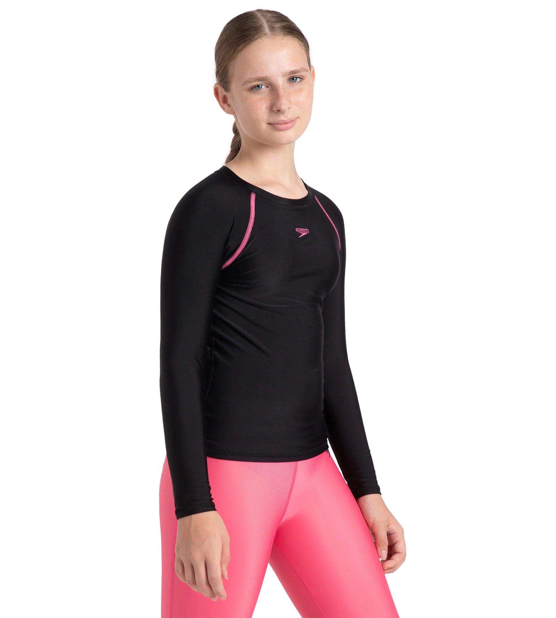 Speedo Girl's Endurance 10 Long Sleeve Suntop - Black & Fandango Pink - Suntops | Speedo | InstaSport