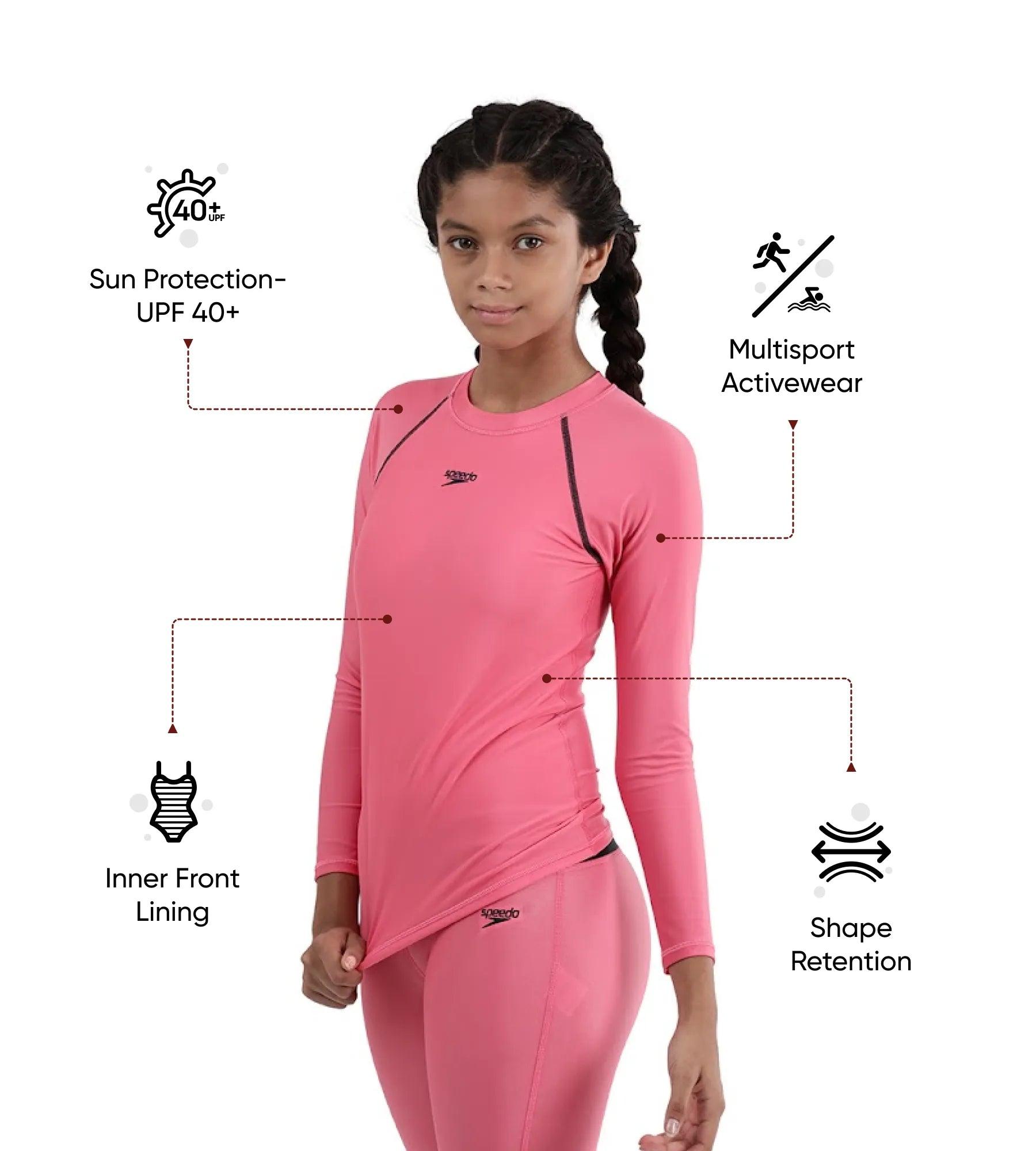 Speedo Girl's Recycled Endura Brite Long sleeve Suntop - Fandango Pink & True Navy - Suntops | Speedo | InstaSport