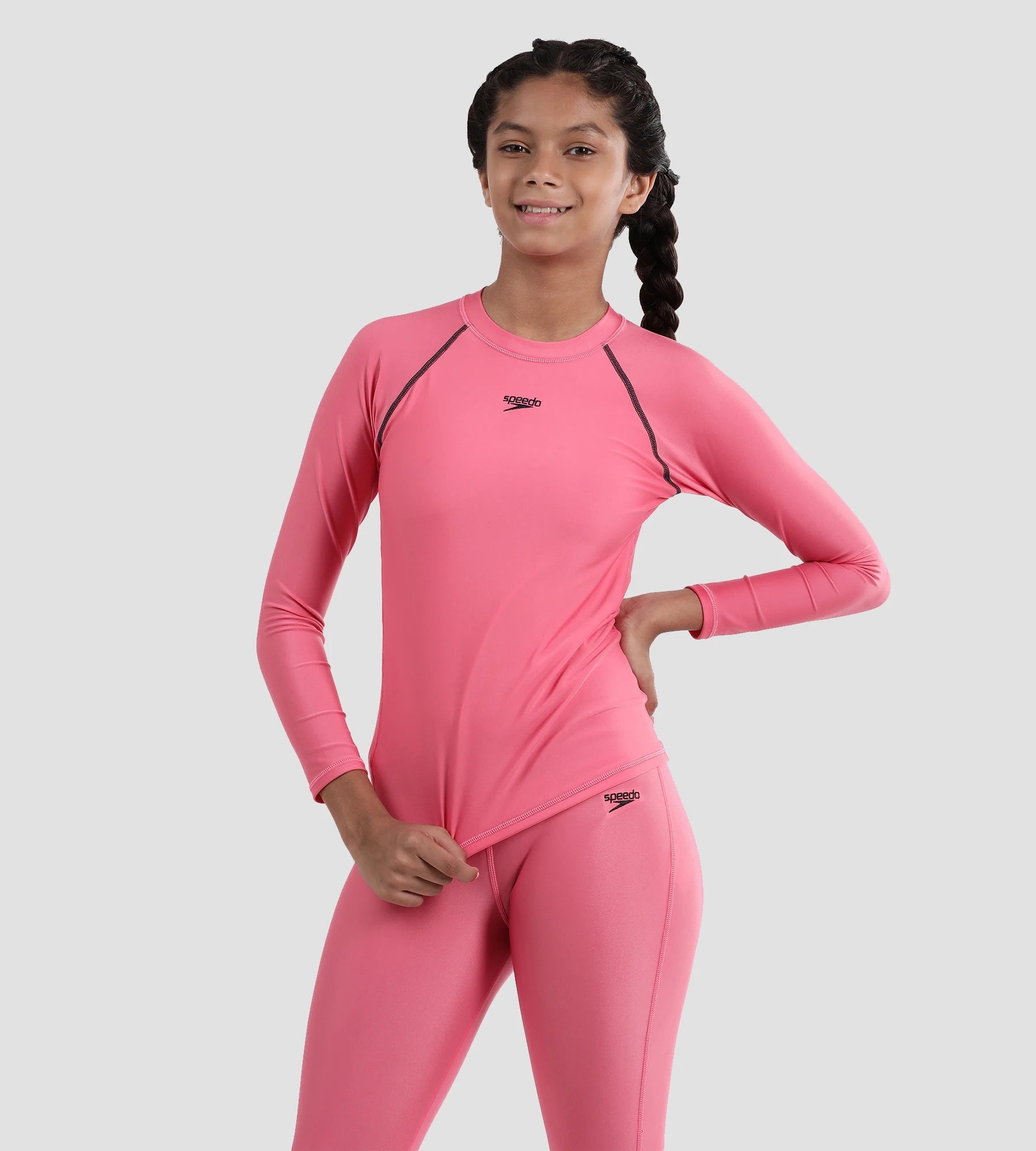 Speedo Girl's Recycled Endura Brite Long sleeve Suntop - Fandango Pink & True Navy | Buy Suntops Online in India – InstaSport