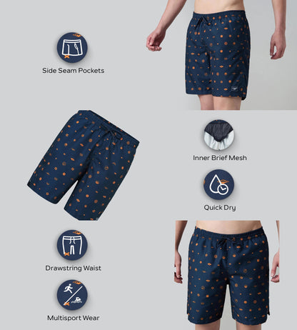 Speedo Men's 100% Polyester Essential Printed Watershorts With Side Pockets - Navy & Pure Oranga - Watershorts | Speedo | InstaSport