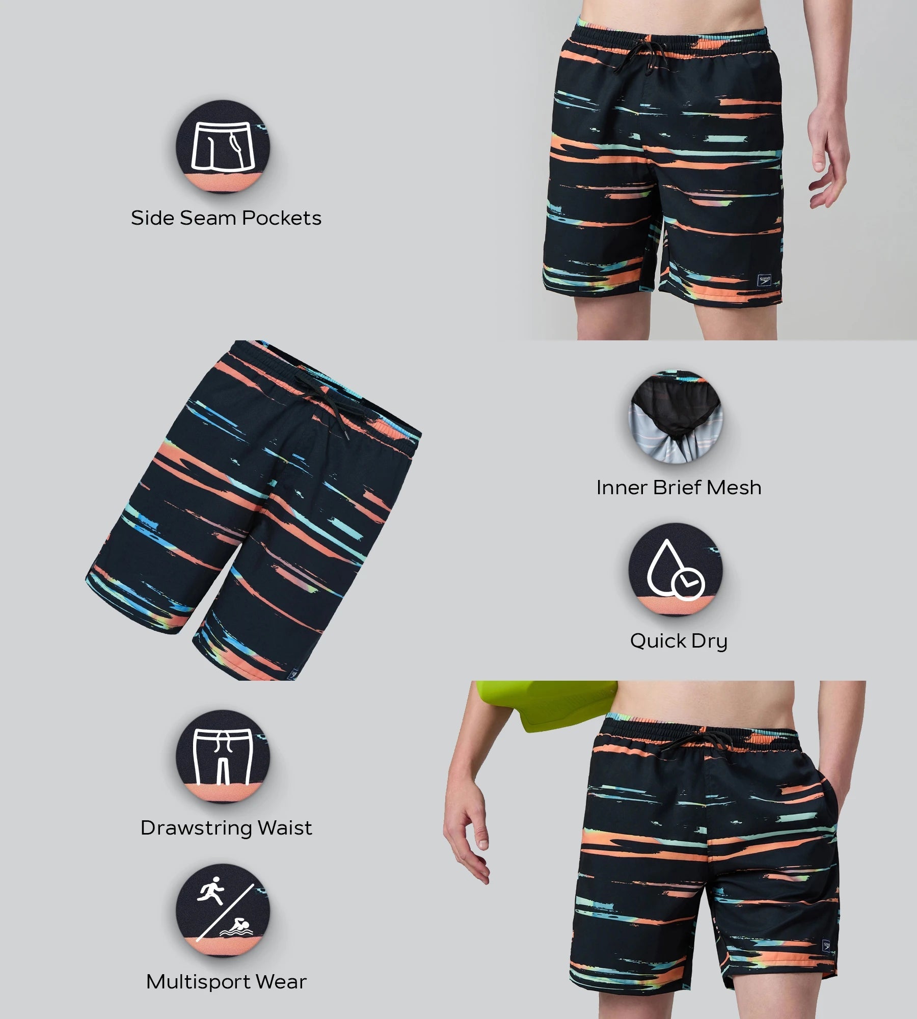 Speedo Men's 4 Way Comfort Stretch Essential Printed Watershorts With Side Pockets - Antracite & Tropical Coral - Watershorts | Speedo | InstaSport