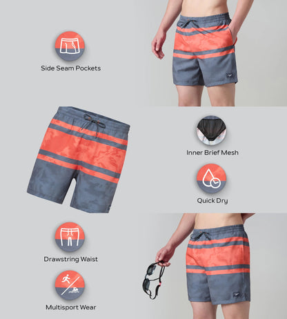 Speedo Men's 4 Way Comfort Stretch Essential Printed Watershorts With Side Pockets - Grey Lead & Tropical Coral - Watershorts | Speedo | InstaSport