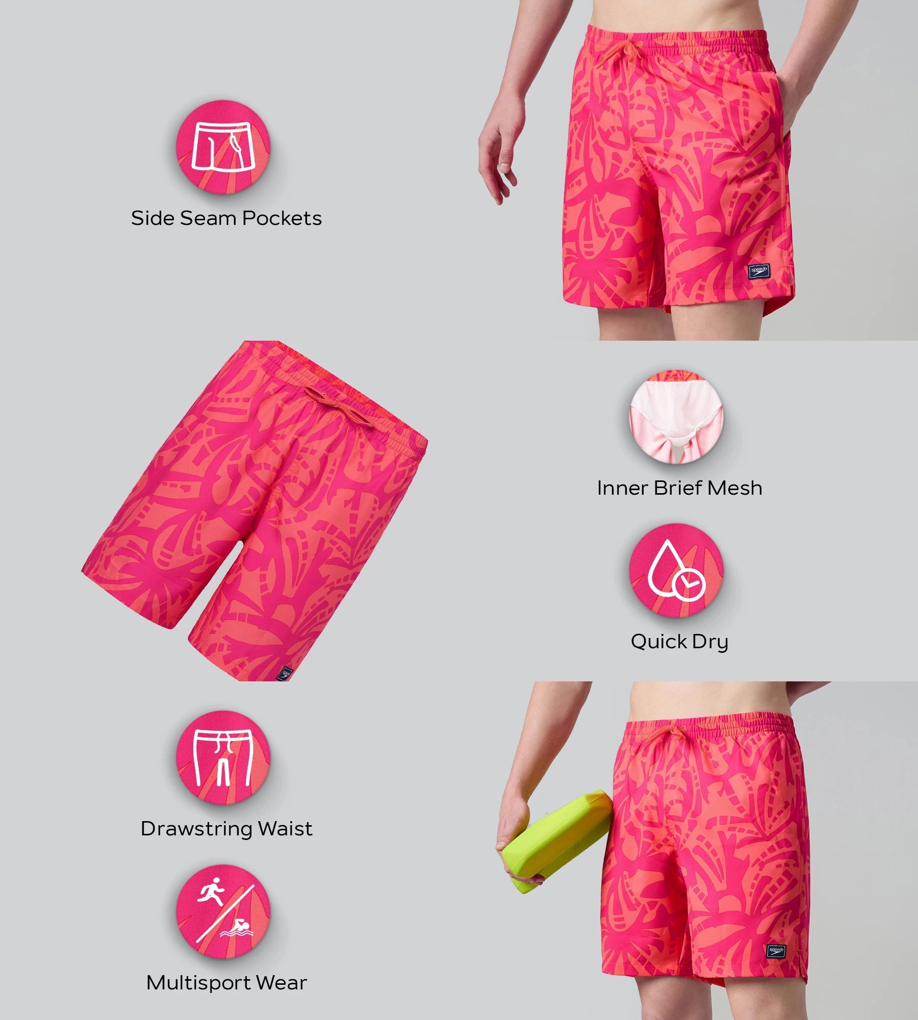Speedo Men's 4 Way Comfort Stretch Essential Printed Watershorts With Side Pockets - Margarita Pink & Tropic Coral - Watershorts | Speedo | InstaSport