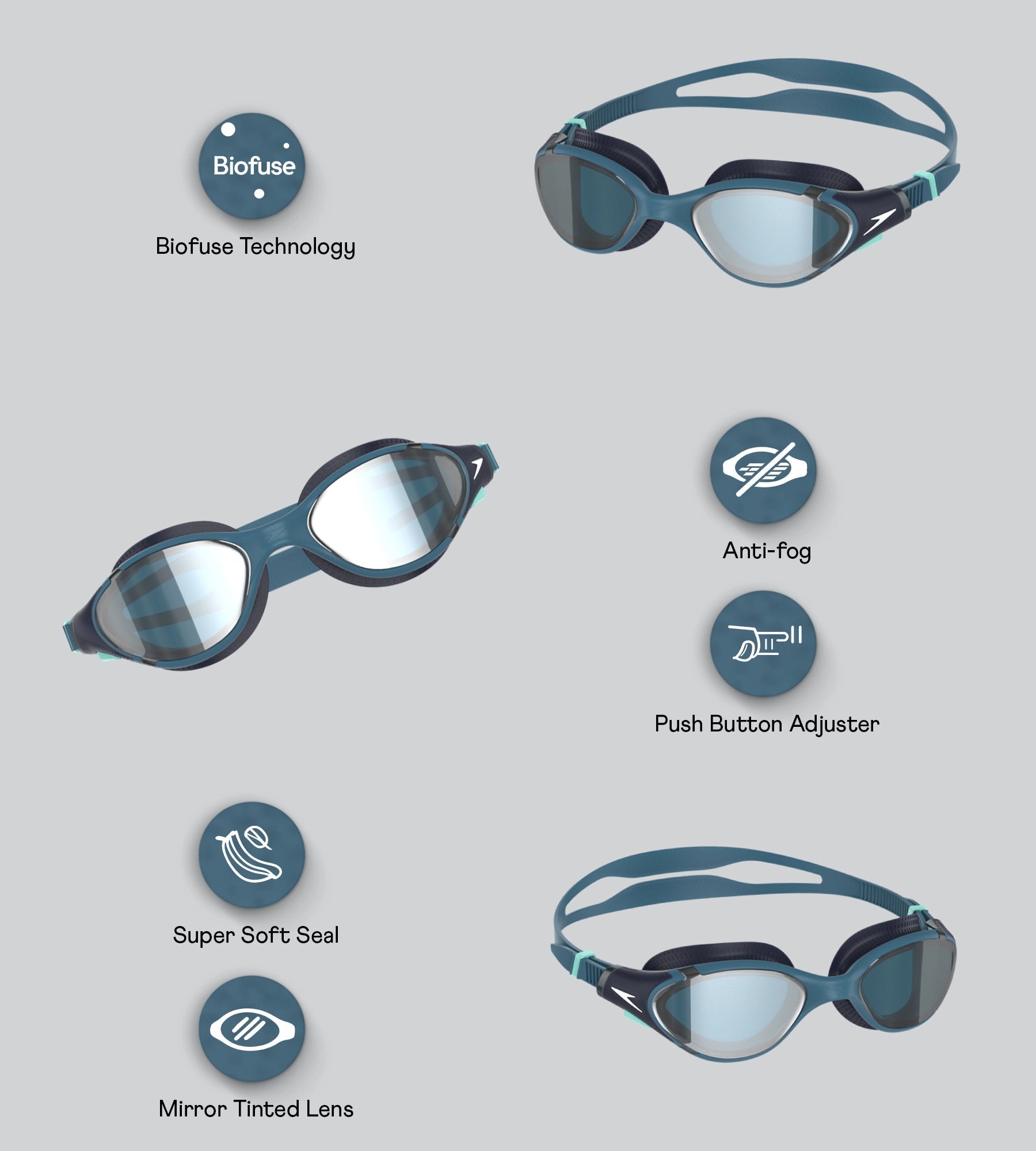 Speedo Unisex Adult Biofuse 2.0 Anti Fog Mirror Lens Swim Goggles For Men and Women - Sna Black & Grey - Fitness Goggles | Speedo | InstaSport